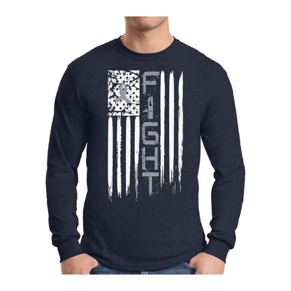Awkward Styles Men's Brain Cancer Graphic Long Sleeve T-shirt Tops Distressed American Flag Fight Gray Ribbon
