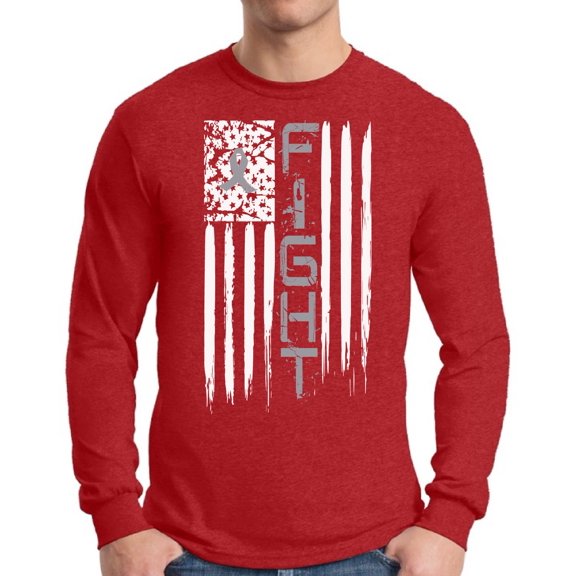 Awkward Styles Men's Brain Cancer Graphic Long Sleeve T-shirt Tops Distressed American Flag Fight Gray Ribbon