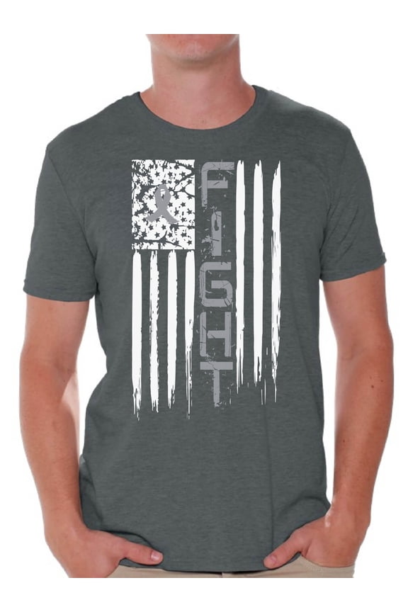 Men's Brain Cancer Graphic T-shirt Tops Distressed American Flag Fight Gray Ribbon