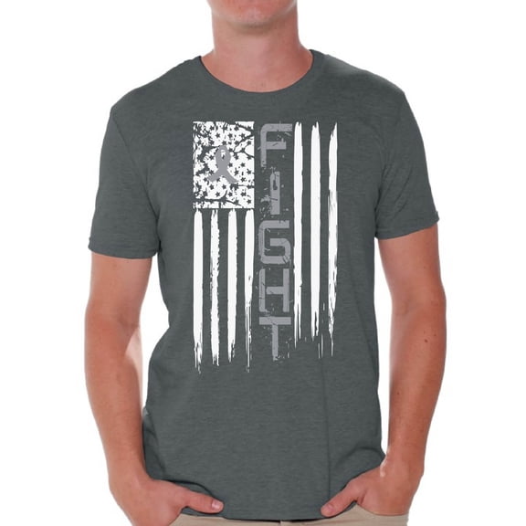 Awkward Styles Men's Brain Cancer Graphic T-shirt Tops Distressed American Flag Fight Gray Ribbon