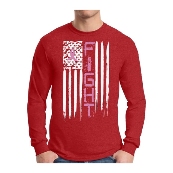 Awkward Styles Men's Breast Cancer American Flag Distressed Graphic Long Sleeve T-shirt Tops Fight Pink Ribbon