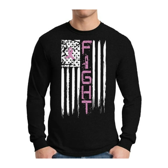 Awkward Styles Men's Breast Cancer American Flag Distressed Graphic Long Sleeve T-shirt Tops Fight Pink Ribbon