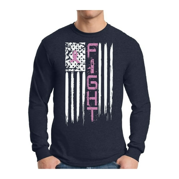 Awkward Styles Men's Breast Cancer American Flag Distressed Graphic Long Sleeve T-shirt Tops Fight Pink Ribbon