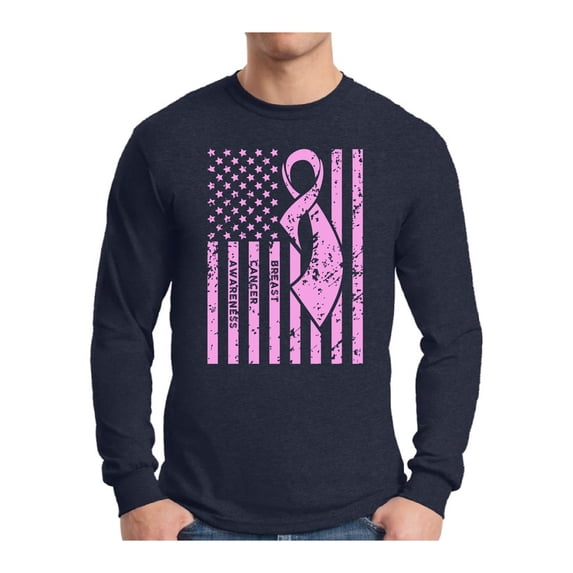 Awkward Styles Men's Breast Cancer Awareness Graphic Long Sleeve T-shirt Tops Pink Ribbon