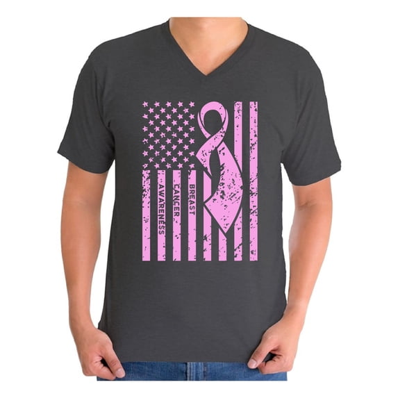 Awkward Styles Men's Breast Cancer Awareness Graphic V-neck T-shirt Tops Pink Ribbon