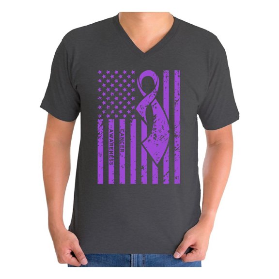 Awkward Styles Men's Cancer Awareness Graphic V-neck T-shirt Tops Purple Ribbon
