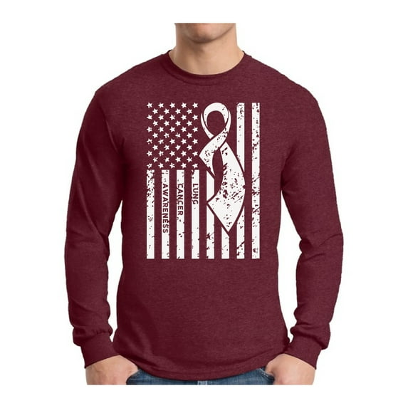 Awkward Styles Men's Lung Cancer Awareness Graphic Long Sleeve T-shirt Tops White Ribbon