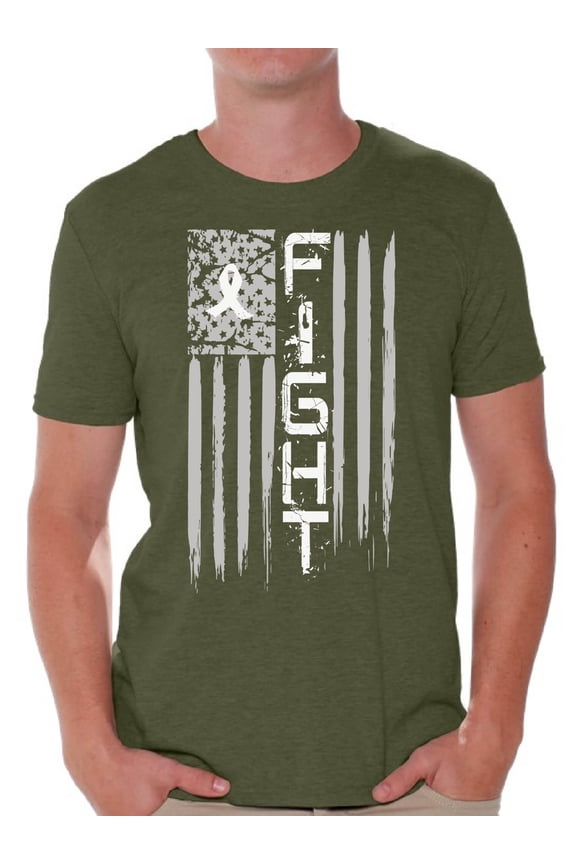 Men's Lung Cancer Distressed American Flag Graphic T-shirt Tops Fight White Ribbon