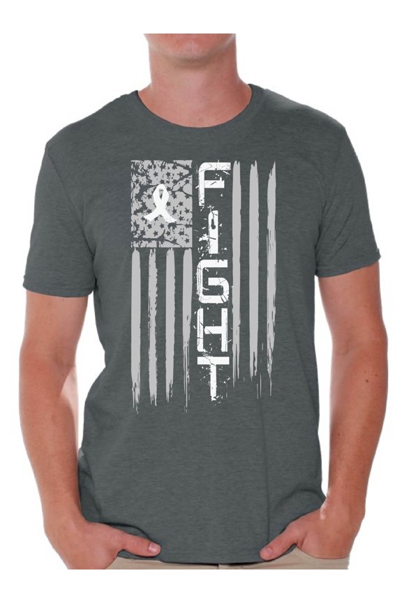 Men's Lung Cancer Distressed American Flag Graphic T-shirt Tops Fight White Ribbon