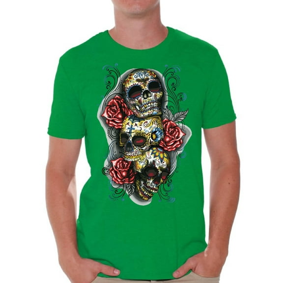 Awkward Styles Men's Three Sugar Skulls and Roses Graphic T-shirt Tops Day of the Dead