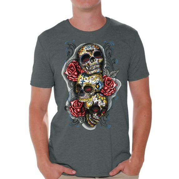 Awkward Styles Men's Three Sugar Skulls and Roses Graphic T-shirt Tops Day of the Dead
