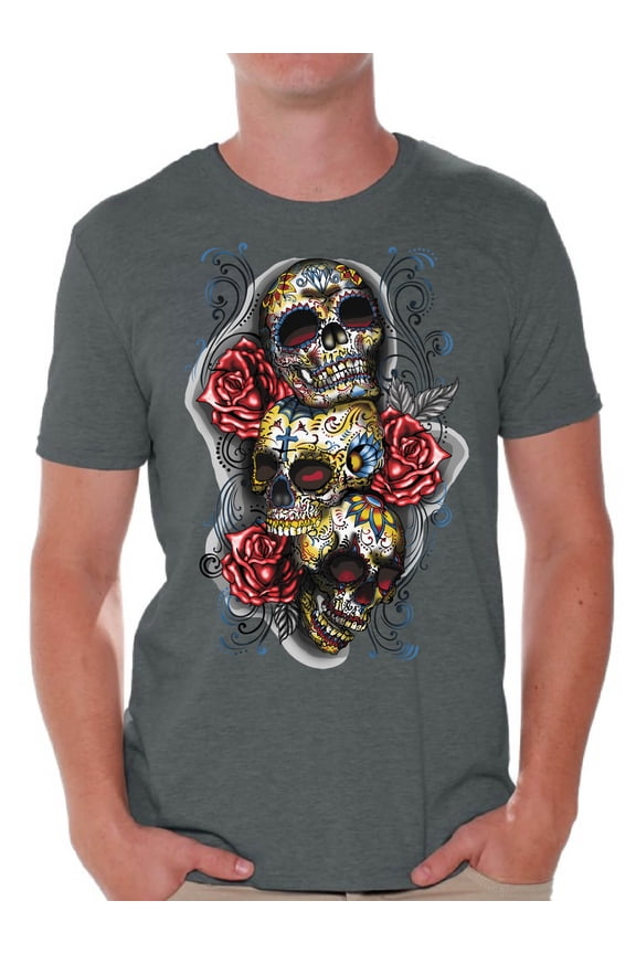 Men's Three Sugar Skulls and Roses Graphic T-shirt Tops Day of the Dead
