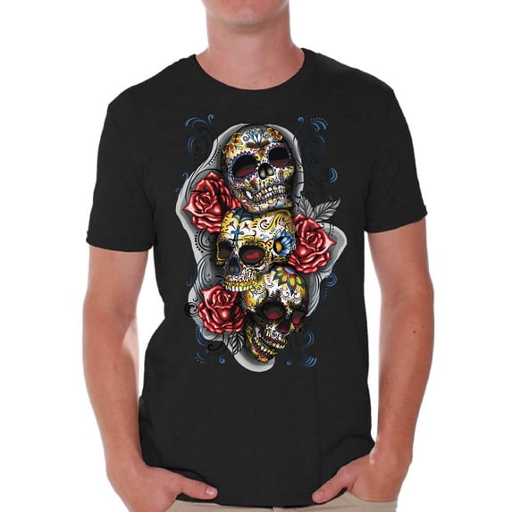 Awkward Styles Men's Three Sugar Skulls and Roses Graphic T-shirt Tops Day of the Dead
