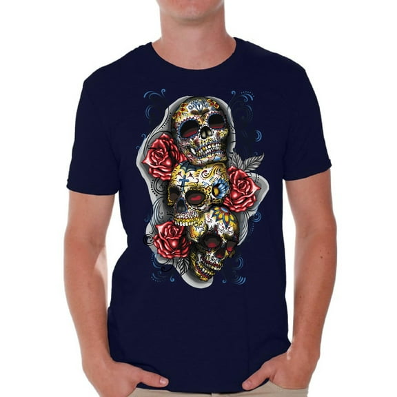 Awkward Styles Men's Three Sugar Skulls and Roses Graphic T-shirt Tops Day of the Dead