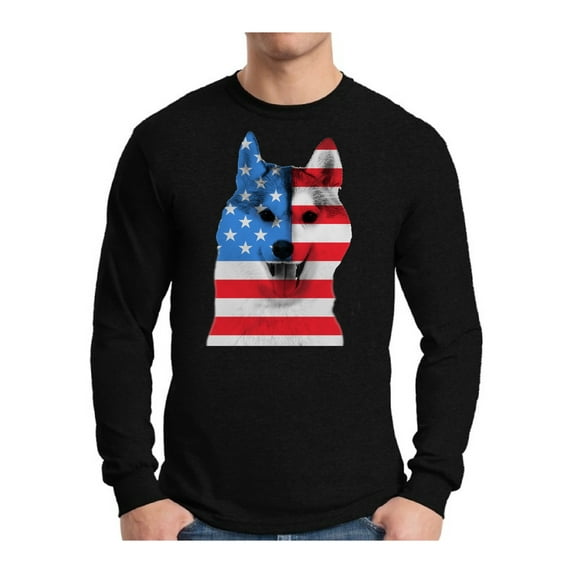 Awkward Styles Men's USA Flag American Husky Dog Lover`s Graphic Long Sleeve T-shirt Tops Independence Day