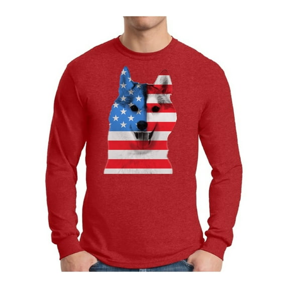 Awkward Styles Men's USA Flag American Husky Dog Lover`s Graphic Long Sleeve T-shirt Tops Independence Day