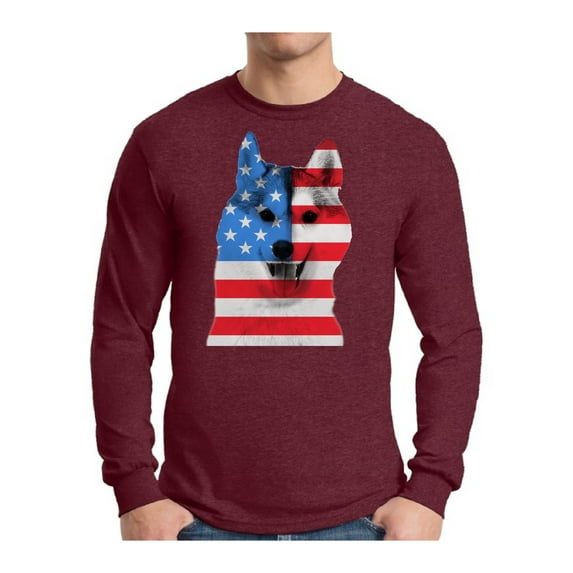 Awkward Styles Men's USA Flag American Husky Dog Lover`s Graphic Long Sleeve T-shirt Tops Independence Day