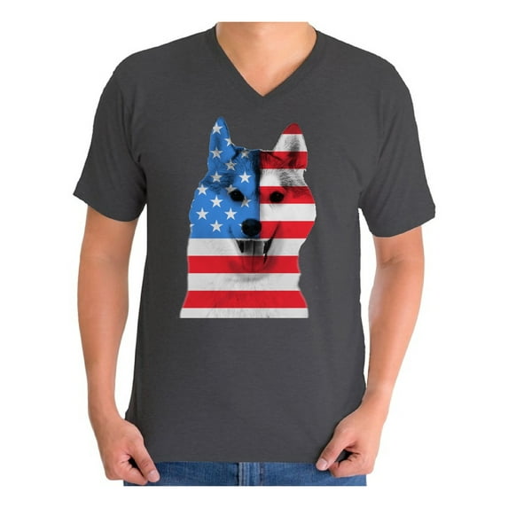 Awkward Styles Men's USA Flag American Husky Dog Lover`s Graphic V-neck T-shirt Tops Independence Day