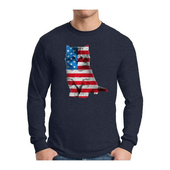 Awkward Styles Men's USA Flag Cat Graphic Long Sleeve T-shirt Tops Cute 4th of July Gift American Flag