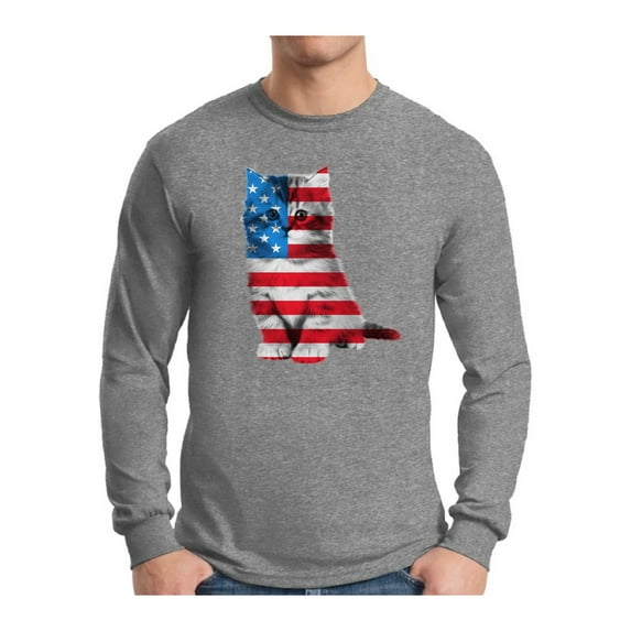 Awkward Styles Men's USA Flag Cat Graphic Long Sleeve T-shirt Tops Cute 4th of July Gift American Flag