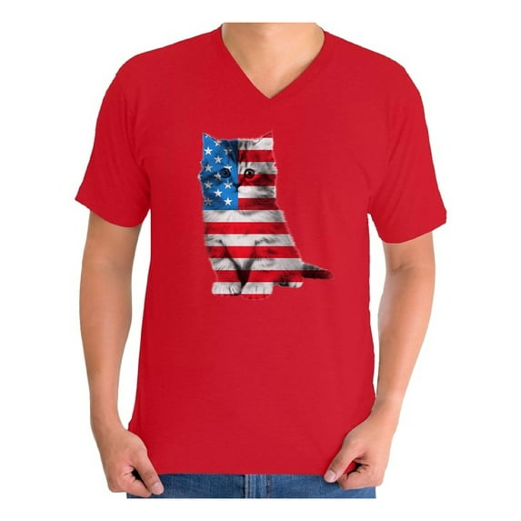 Awkward Styles Men's USA Flag Cat Graphic V-neck T-shirt Tops Cute 4th of July Gift American Flag