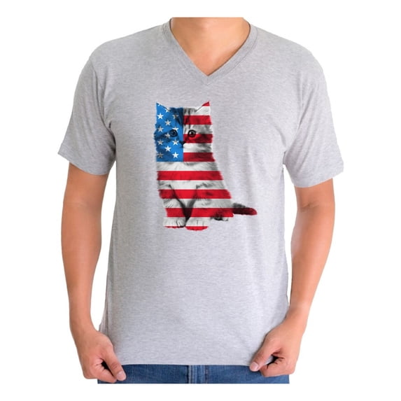 Awkward Styles Men's USA Flag Cat Graphic V-neck T-shirt Tops Cute 4th of July Gift American Flag
