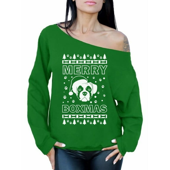 Awkward Styles Merry Boxmas Sweatshirt Merry Boxmas Christmas Sweater Off the Shoulder Sweatshirt Slouchy Oversized Sweater Funny Boxer Dog Christmas Sweater Boxer Santa Christmas Off Shoulder Top