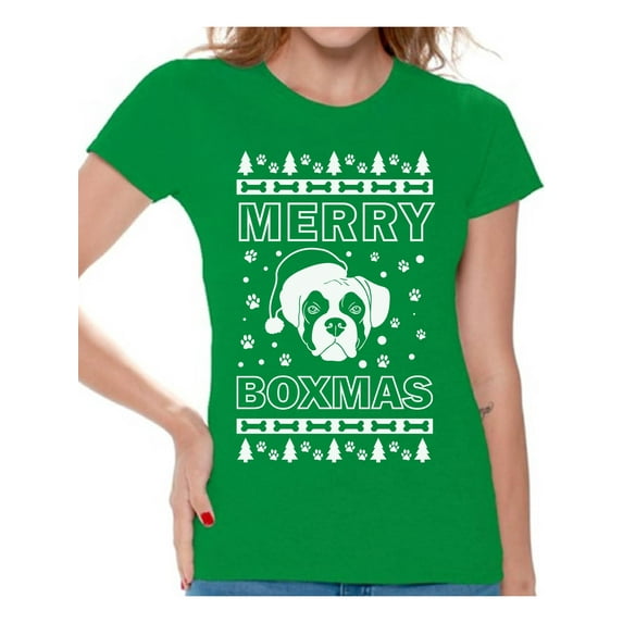 Awkward Styles Merry Boxmas Tshirt Merry Boxmas Christmas Shirts for Women Funny Santa Boxer Dog Shirt Women's Holiday Top Merry Christmas T-shirt Dog Lover Xmas Gifts Christmas Party Outfit