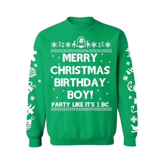 Awkward Styles Merry Christmas Birthday Boy Sweatshirt Jesus Christmas Sweater with White Sleeves All Over Print Xmas Sweater Funny Christmas Gifts Jesus Birthday Christmas Sweater