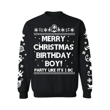 Awkward Styles Merry Christmas Birthday Boy Sweatshirt Jesus Christmas Sweater with White Sleeves All Over Print Xmas Ugly Sweater Funny Christmas Gifts Jesus Birthday Ugly Christmas Sweater