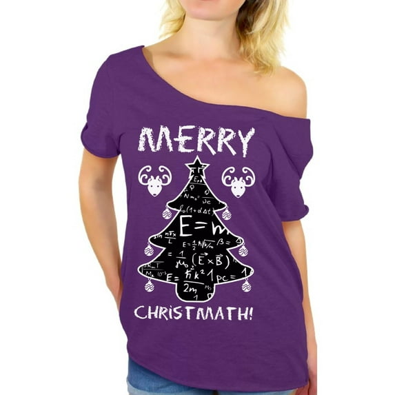 Awkward Styles Merry Christmath Off The Shoulder Shirt Funny Christmas Oversized Shirts for Nerdy Women Christmas Math Formulas Baggy Tshirt Nerdy Math Xmas Tshirt Holiday Gifts for Her