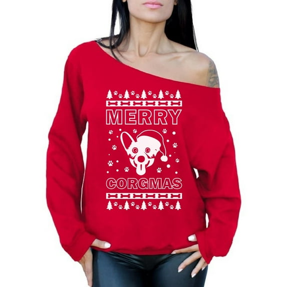 Awkward Styles Merry Corgmas Sweatshirt Merry Corgmas Christmas Sweater Off Shoulder Sweatshirt Slouchy Oversized Sweater Funny Corgi Dog Christmas Sweater Corgi Dog Santa Christmas Off Shoulder Top