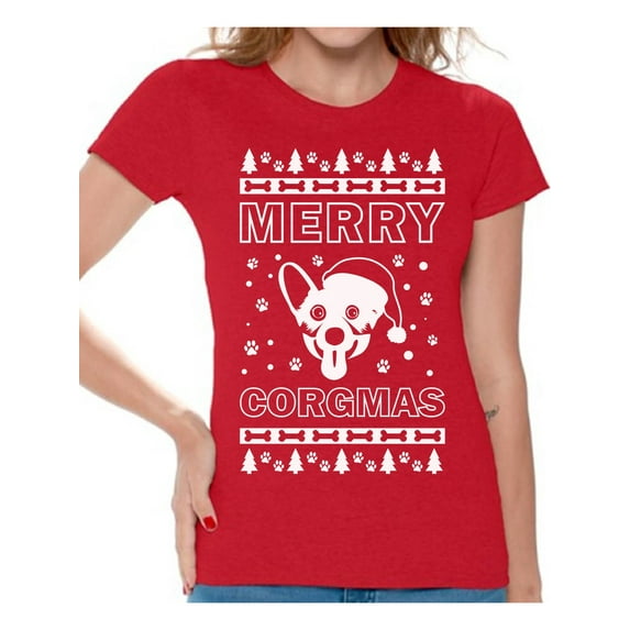 Awkward Styles Merry Corgmas Tshirt Merry Corgmas Christmas Shirts for Women Funny Santa Corgi Dog Shirt Women's Holiday Top Merry Christmas T-shirt Corgi Dog Lovers Xmas Gifts Christmas Party Outfit