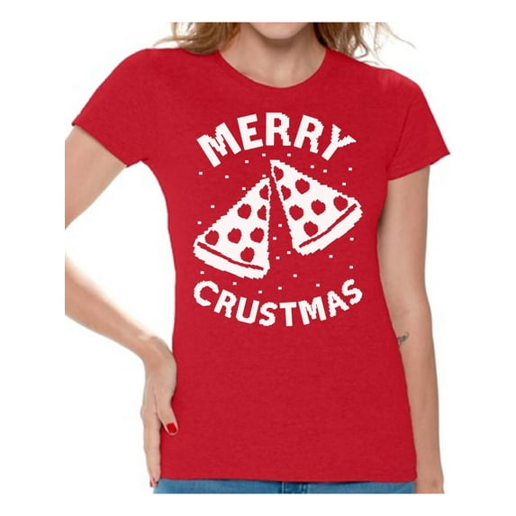 Awkward Styles Merry Crustmas Christmas Shirts for Women Pizza Christmas T-Shirt Merry Christmas Women's Holiday Top Christmas T-shirt Holiday Gift Idea For Pizza Lovers Christmas Shirts