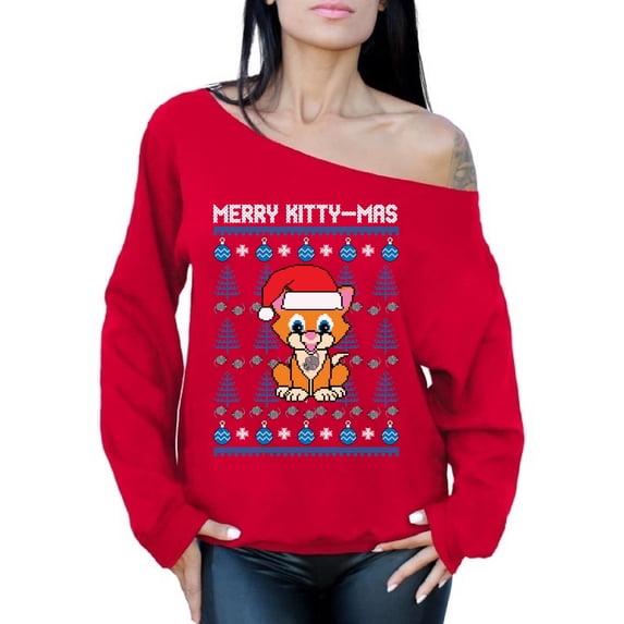 Awkward Styles Merry Kitty-Mas Off The Shoulder Sweatshirt Kittymas Oversized Sweater for Women Christmas Kitten Sweater Funny Christmas Sweaters for Women Merry Kittymas Baggy Sweatshirt