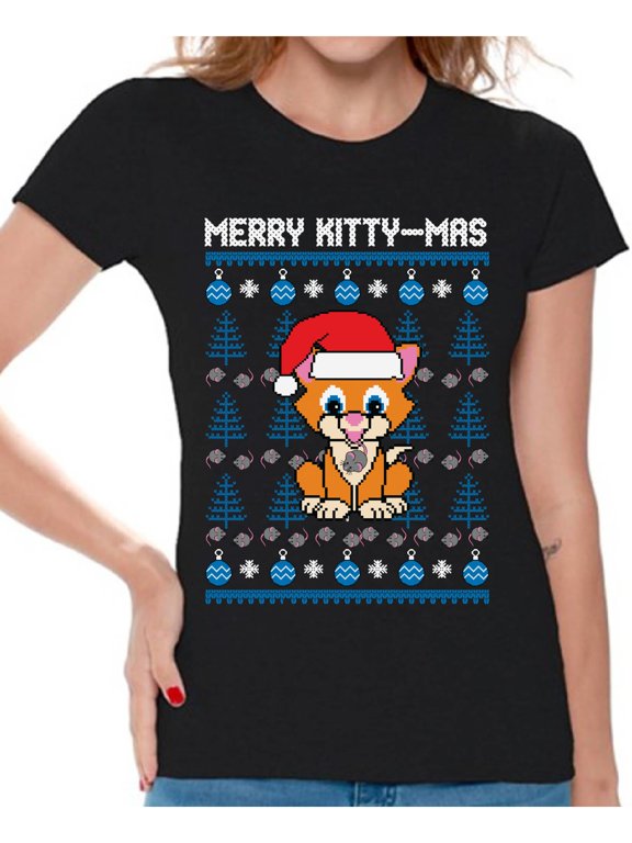 Merry Kitty-Mas Tshirt Funny Christmas Shirts for Women Kittymas Christmas T Shirt Xmas Kitten Gifts for Cat Lovers Christmas Cat Shirt Xmas Party Outfit Cat Gifts for Christmas