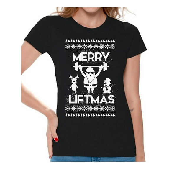 Awkward Styles Merry Liftmas Shirt Christmas Shirts for Women Funny Santa Workout Women's Holiday Top Xmas Gym Shirts Merry Christmas Shirt Christmas T-shirt Merry Liftmas Santa Women's Xmas Top