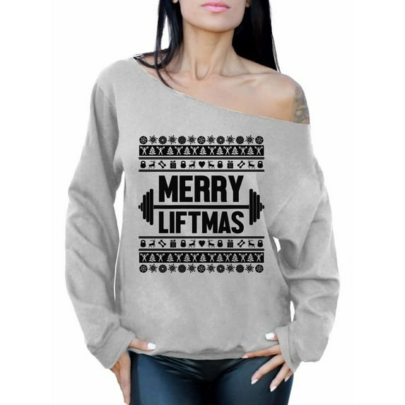 Awkward Styles Merry Liftmas Sweatshirt for Women Merry Christmas Off the Shoulder Sweater Funny Christmas Lifting Sweatshirt Slouchy Oversized Sweater Gym Workout Holiday Top Women's Christmas Outfit