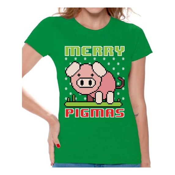 Awkward Styles Merry Pigmas Tshirt for Women Piggy Christmas Shirt Funny Christmas Gifts for Her Women's Christmas T Shirt Xmas Gifts for Animal Lovers Cartoon Pig Xmas Tshirt Xmas Pig Outfit
