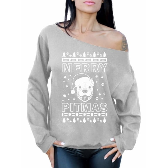 Awkward Styles Merry Pitmas Sweatshirt Merry Pitmas Christmas Sweater Off the Shoulder Sweatshirt Slouchy Oversized Sweater Funny Pitbull Christmas Sweater Pit Bull Santa Christmas Off Shoulder Top