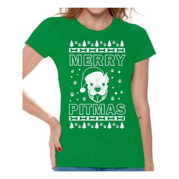 Awkward Styles Merry Pitmas Tshirt Merry Pitmas Christmas Shirts for Women Funny Santa Pitbull Shirt Women's Holiday Top Merry Christmas T-shirt Dog Lovers Xmas Gifts Christmas Party Outfit