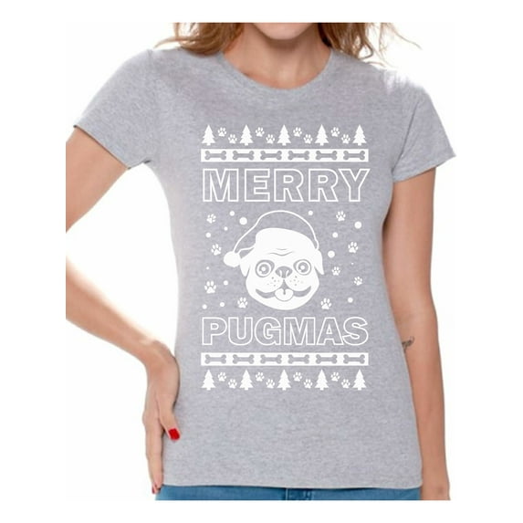 Awkward Styles Merry Pugmas Tshirt Merry Pugmas Christmas Shirts for Women Funny Santa Pug Dog Shirt Women's Holiday Top Merry Christmas T-shirt Pug Dog Lovers Xmas Gifts Christmas Party Outfit