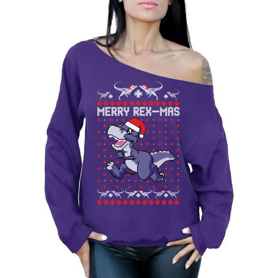 Awkward Styles Merry Rex-Mas Off The Shoulder Sweatshirt Christmas Dinosaur Oversized Sweater for Women Rexmas Christmas Sweater Women's Baggy Christmas Sweatshirt Xmas Dinosaur Gifts for Her