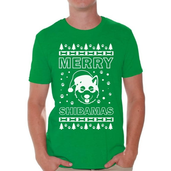 Awkward Styles Merry Shibamas Shirt Merry Shibamas Christmas Tshirts for Men Funny Shiba Inu Santa Shirt Men's Holiday Top Shiba Inu Dog Lover Xmas Gifts Funny Tacky Party Holiday Christmas Outfit