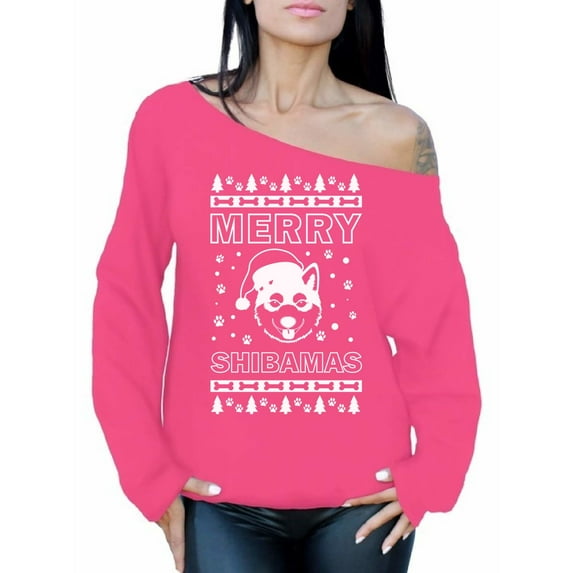 Awkward Styles Merry Shibamas Sweatshirt Merry Shibamas Christmas Sweater Off the Shoulder Sweatshirt Slouchy Oversized Sweater Funny Shiba Inu Christmas Sweater Shiba Inu Santa Christmas Top