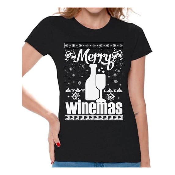Awkward Styles Merry Winemas Shirt Christmas T Shirts for Women Wine Christmas Women's Holiday Top Merry Winemas Christmas T-shirt Christmas Holiday Shirt Wine Party Xmas Outfit