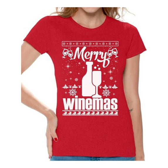 Awkward Styles Merry Winemas Shirt Christmas T Shirts for Women Wine Christmas Women's Holiday Top Merry Winemas Christmas T-shirt Christmas Holiday Shirt Wine Party Xmas Outfit