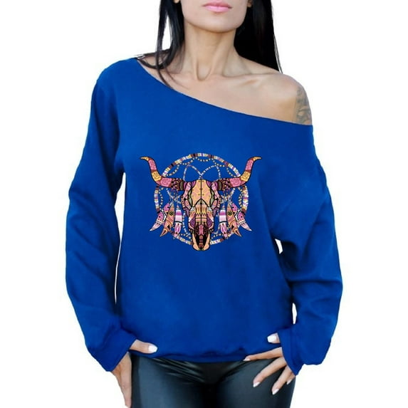 Awkward Styles Mosaic Cow Skull Off Shoulder Sweatshirt Cow Skull Sweater for Women Sugar Skull Sweatshirt Women's Dia de los Muertos Outfit Day of the Dead Gifts for Her Skull Oversized Sweater