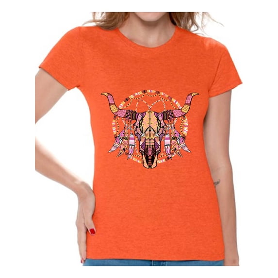 Awkward Styles Mosaic Cow Skull Tshirt for Women Cow Skull Shirt Sugar Skull T Shirt for Women Day of the Dead Gifts for Her Dia de los Muertos Outfit Women's Skull T-Shirt Dreamcatcher Skull Shirt