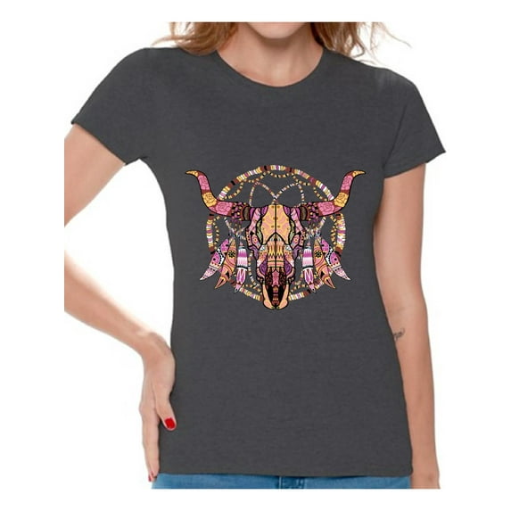 Awkward Styles Mosaic Cow Skull Tshirt for Women Cow Skull Shirt Sugar Skull T Shirt for Women Day of the Dead Gifts for Her Dia de los Muertos Outfit Women's Skull T-Shirt Dreamcatcher Skull Shirt
